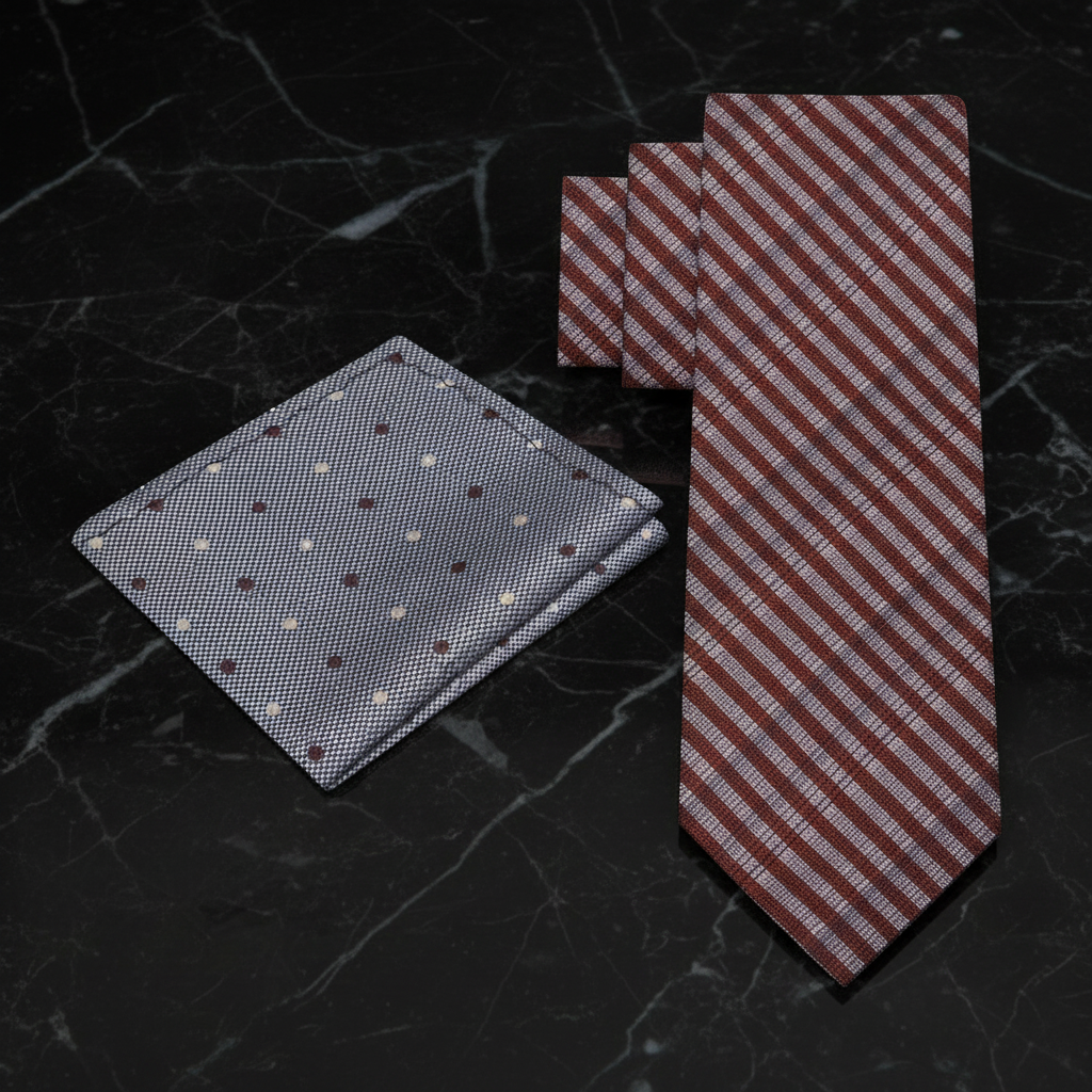 Set of patterned rust striped tie and accenting pocket square