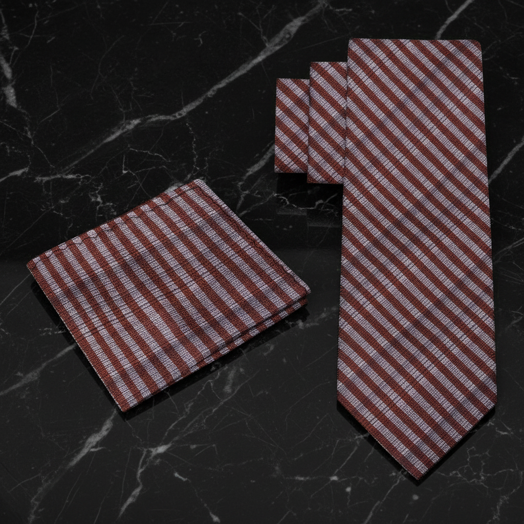 Rust brown striped tie and matching square view 2