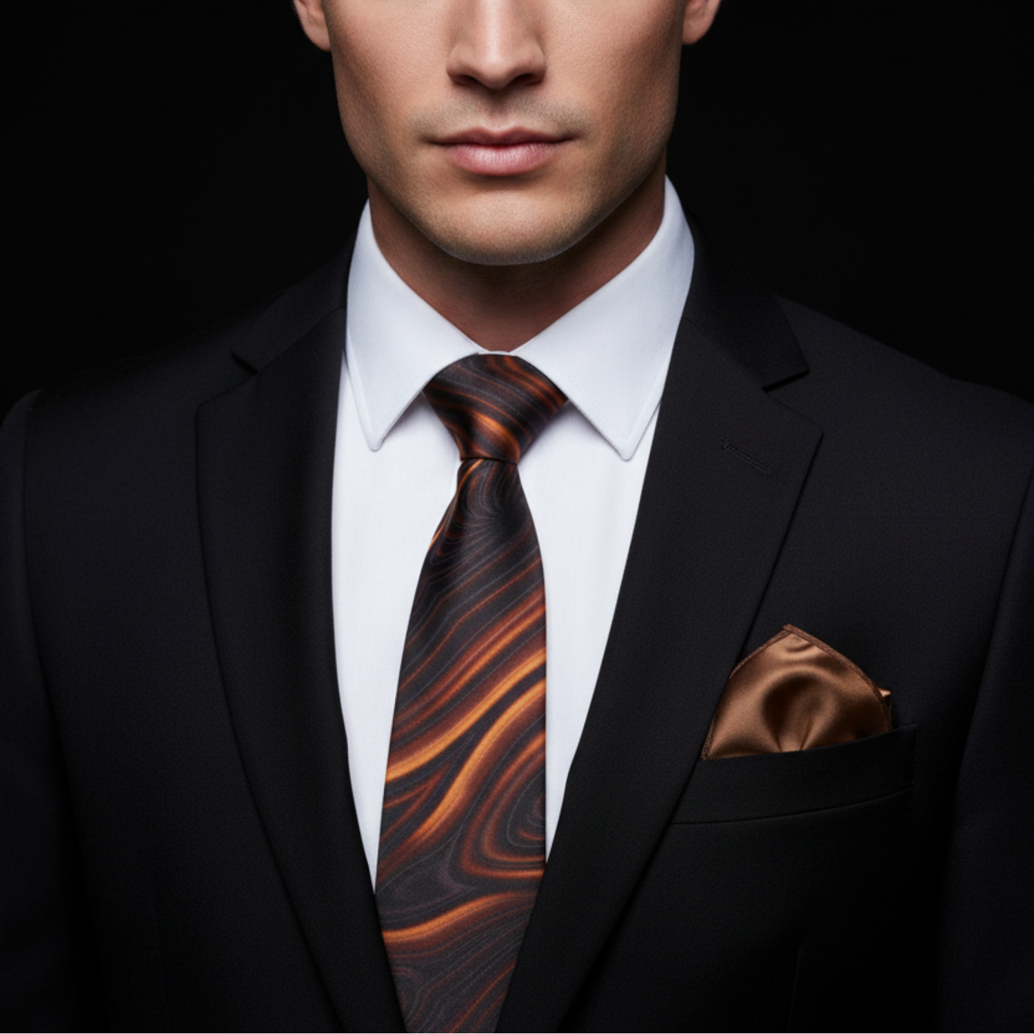caramel swirl thin tie and accenting square on man
