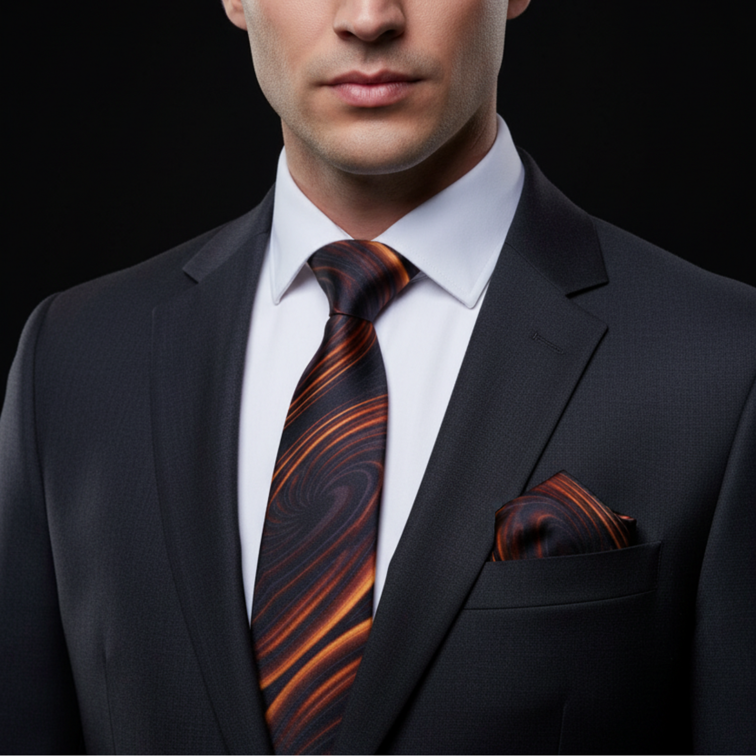 Man wearing brown caramel swirl tie and square on suit