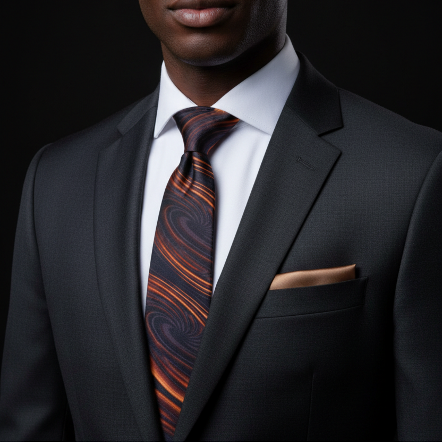 man wearing caramel swirl tie and accenting light brown square on suit