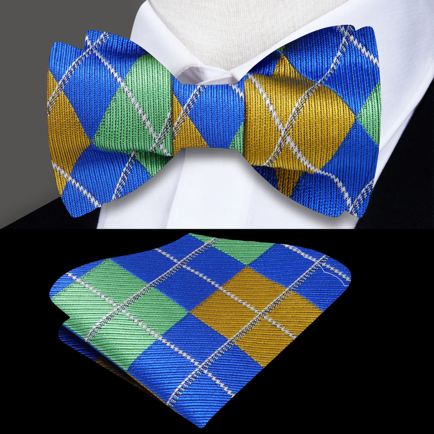 A Yellow, Blue, Green Geometric Argyle Pattern Self Tie Bow Tie, Matching Pocket Square ||Blue, Yellow, Green