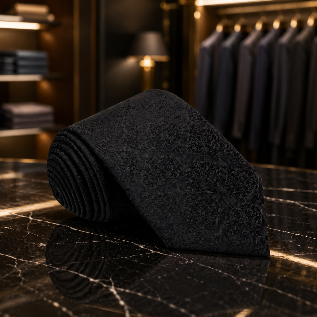 rolled black tie on marble