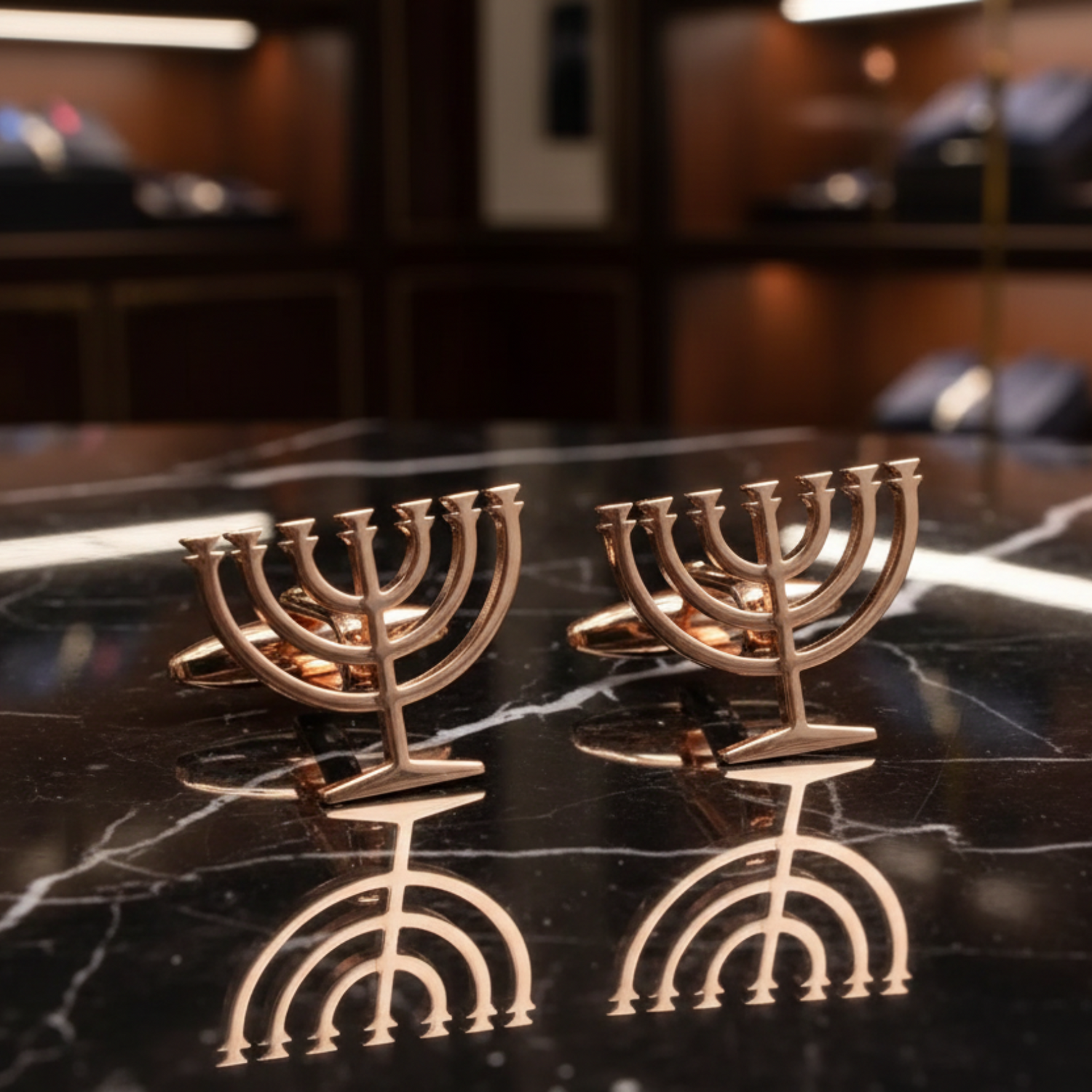 Rose gold Menorah candle holders on a black textured background