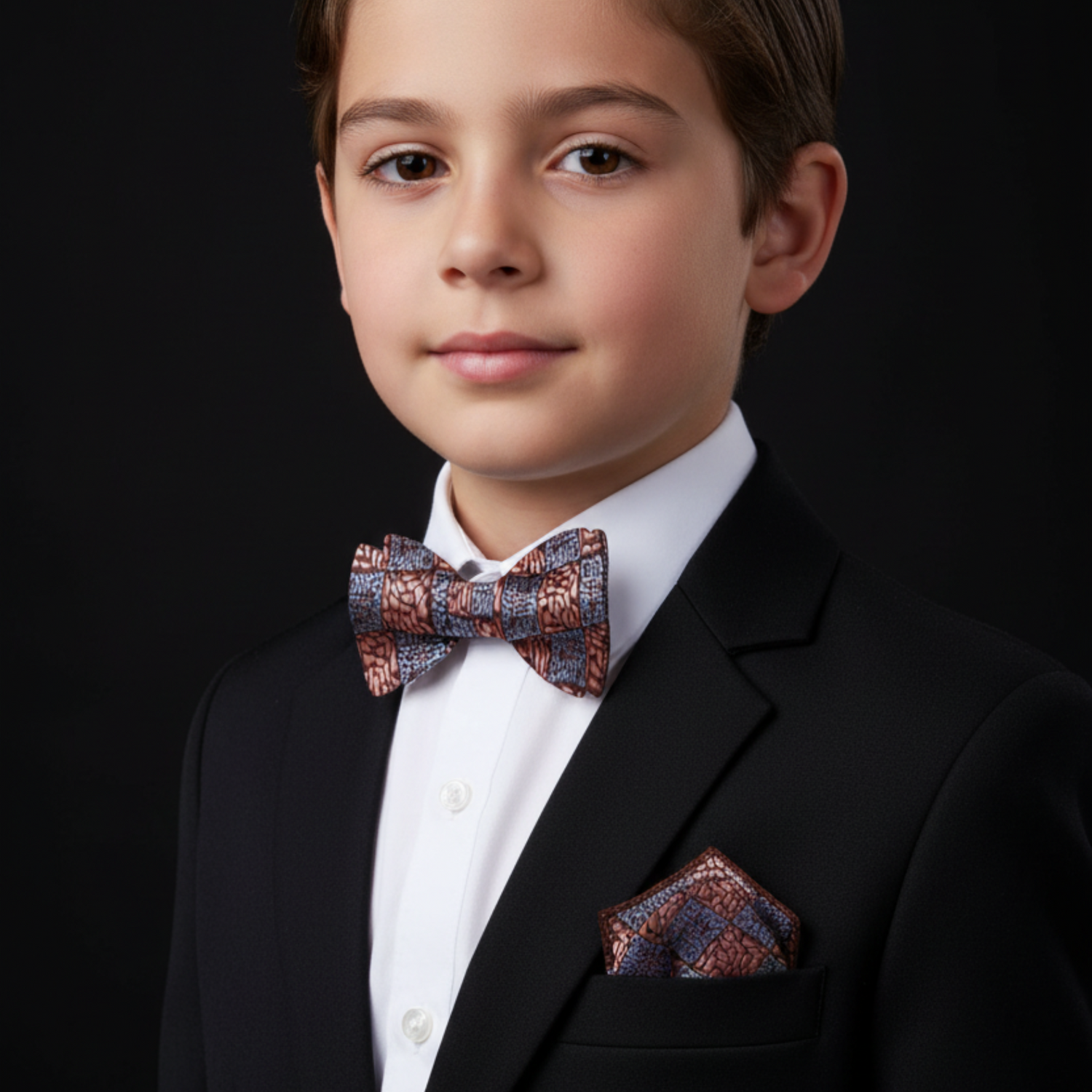 Young boy in a formal suit with a bow tie and pocket square on a black background