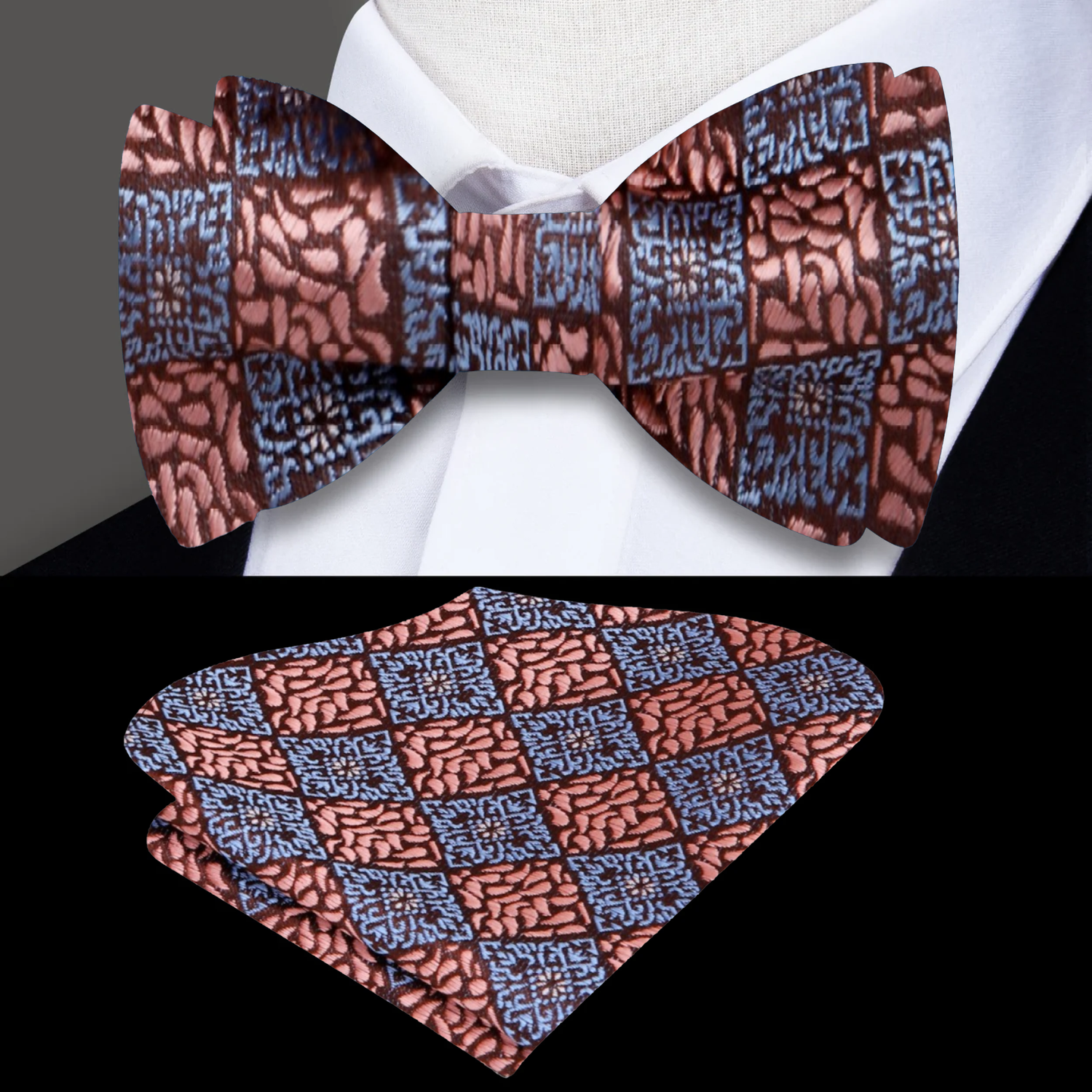 Kids' bow tie with rose gold and grey paisley pattern displayed on a mannequin and separately on a white background.