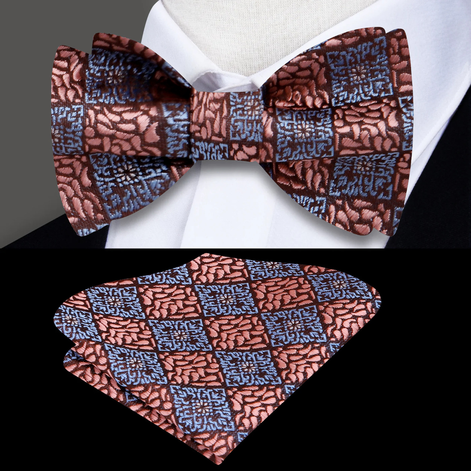Main: Rose Gold Geometric Bow Tie and Pocket Square