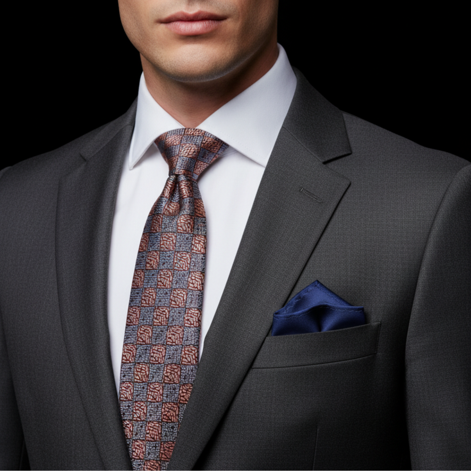 Man wearing a gray suit with a patterned tie and blue pocket square on a black background