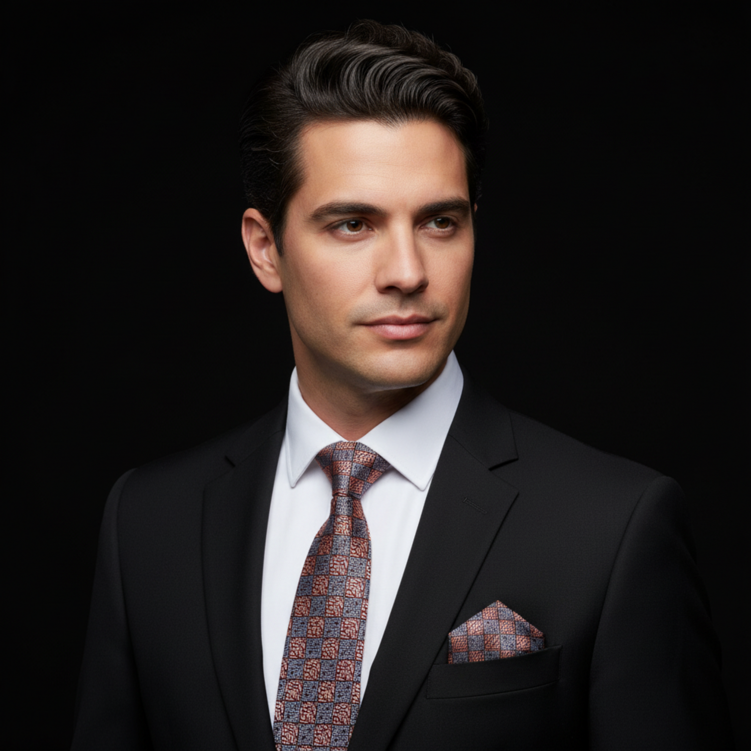 Man wearing a black suit with a patterned tie and pocket square on a dark background