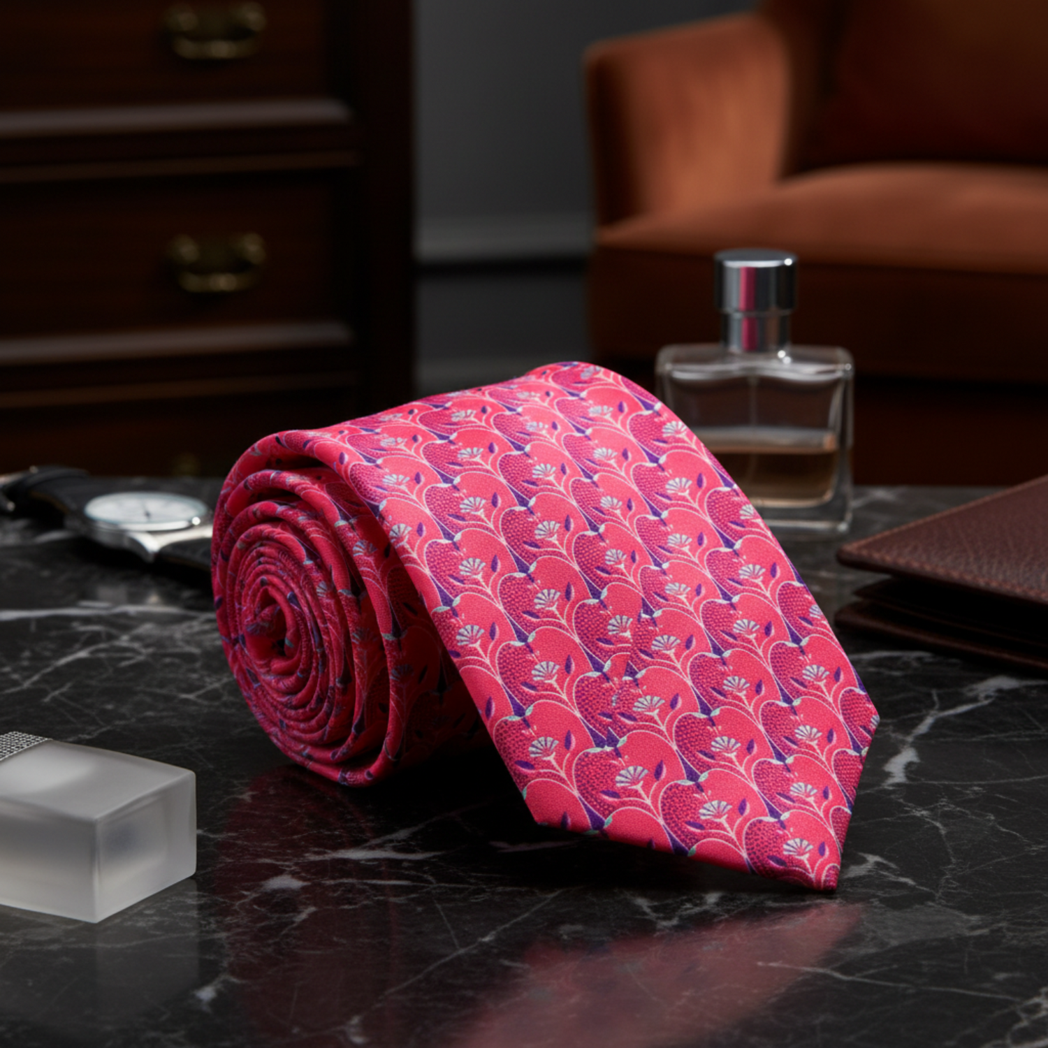 A red, light blue and purple apple slices necktie