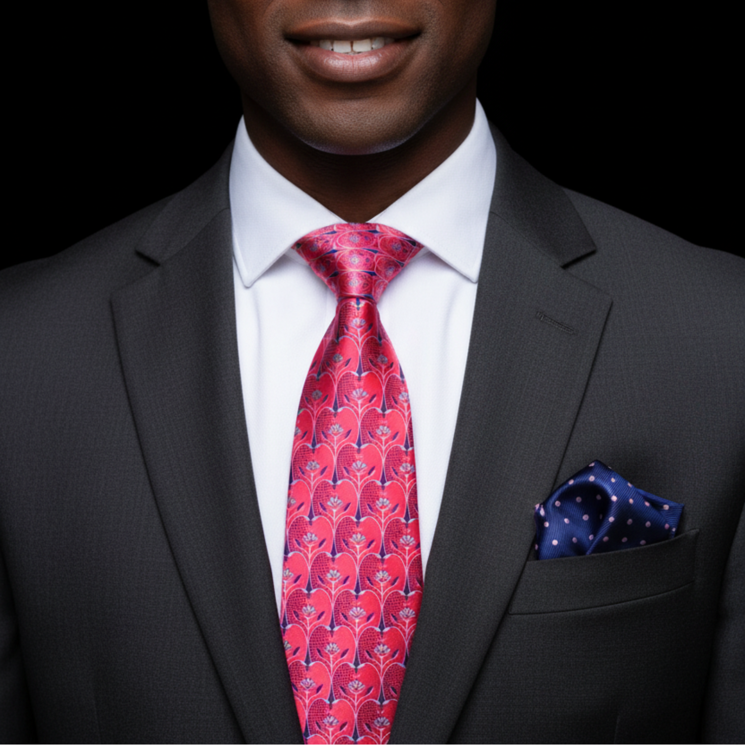 A red, light blue and purple apple slices necktie and Accenting Square on man