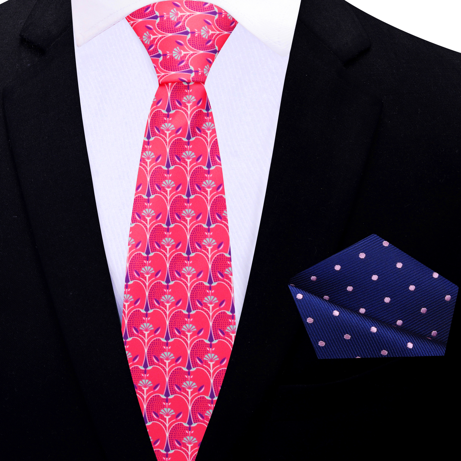Thin Tie: A red, light blue and purple apple slices necktie and Accenting Square