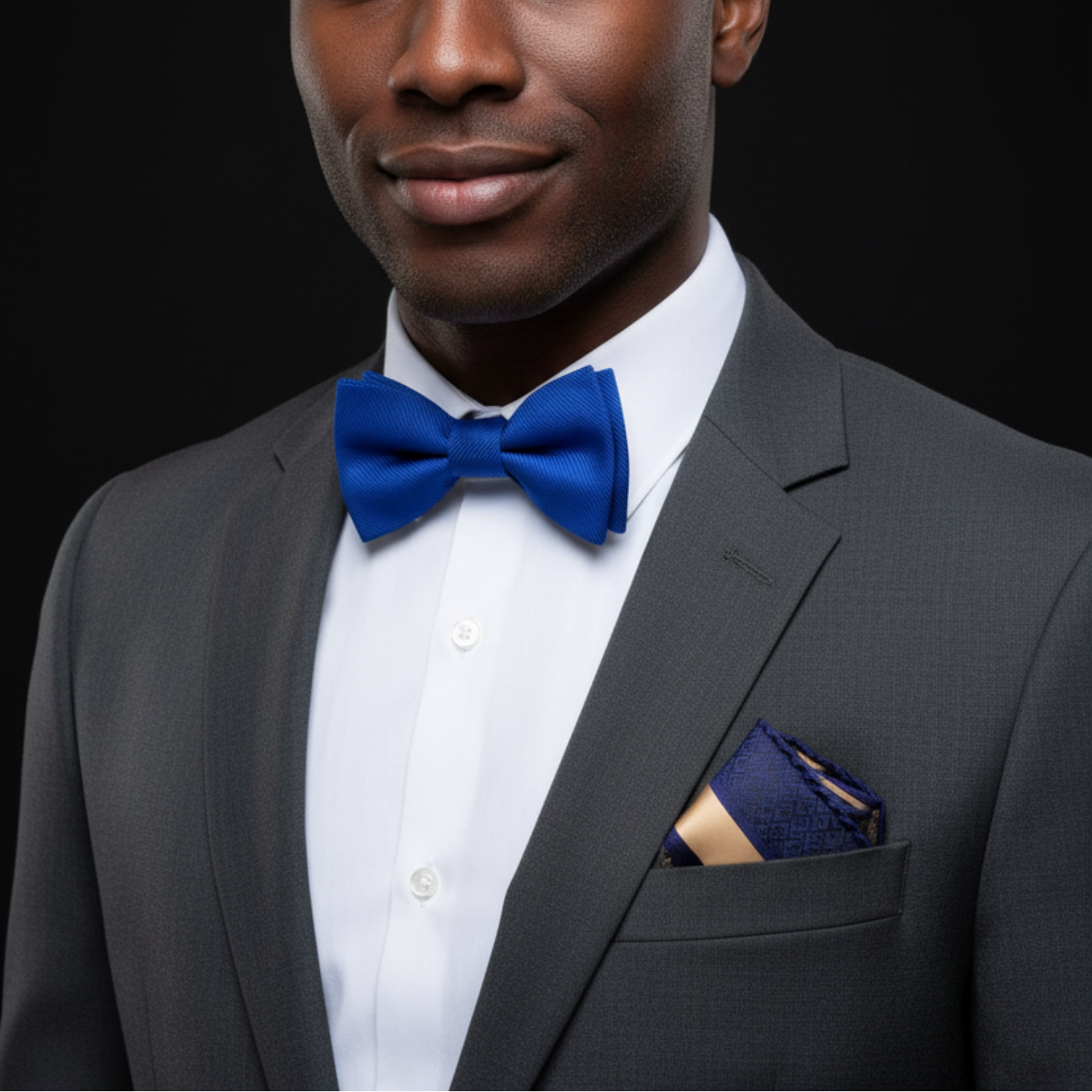 Blue Bow Tie and Accenting Square on Man
