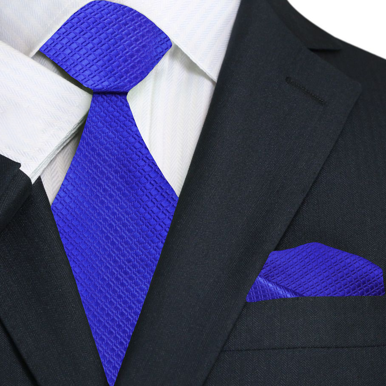 Black suit with white shirt, blue tie, and matching pocket square
