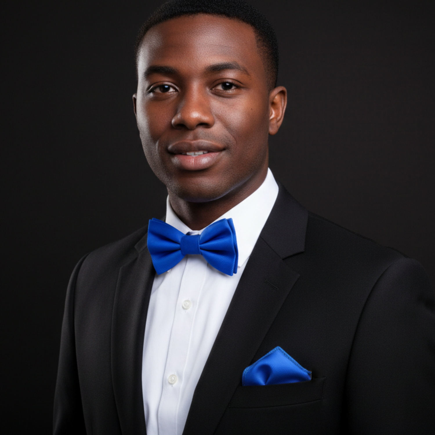 Man wearing a black suit with a blue bow tie and pocket square on a dark background