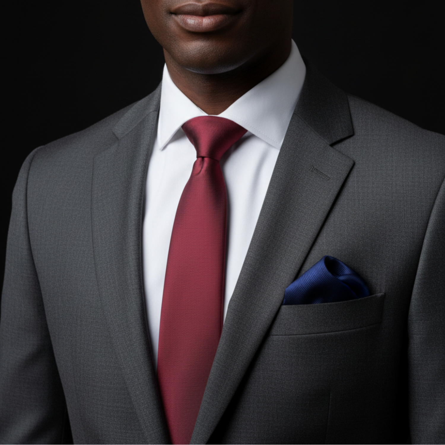 Man wearing a gray suit with a red tie and blue pocket square on a black background