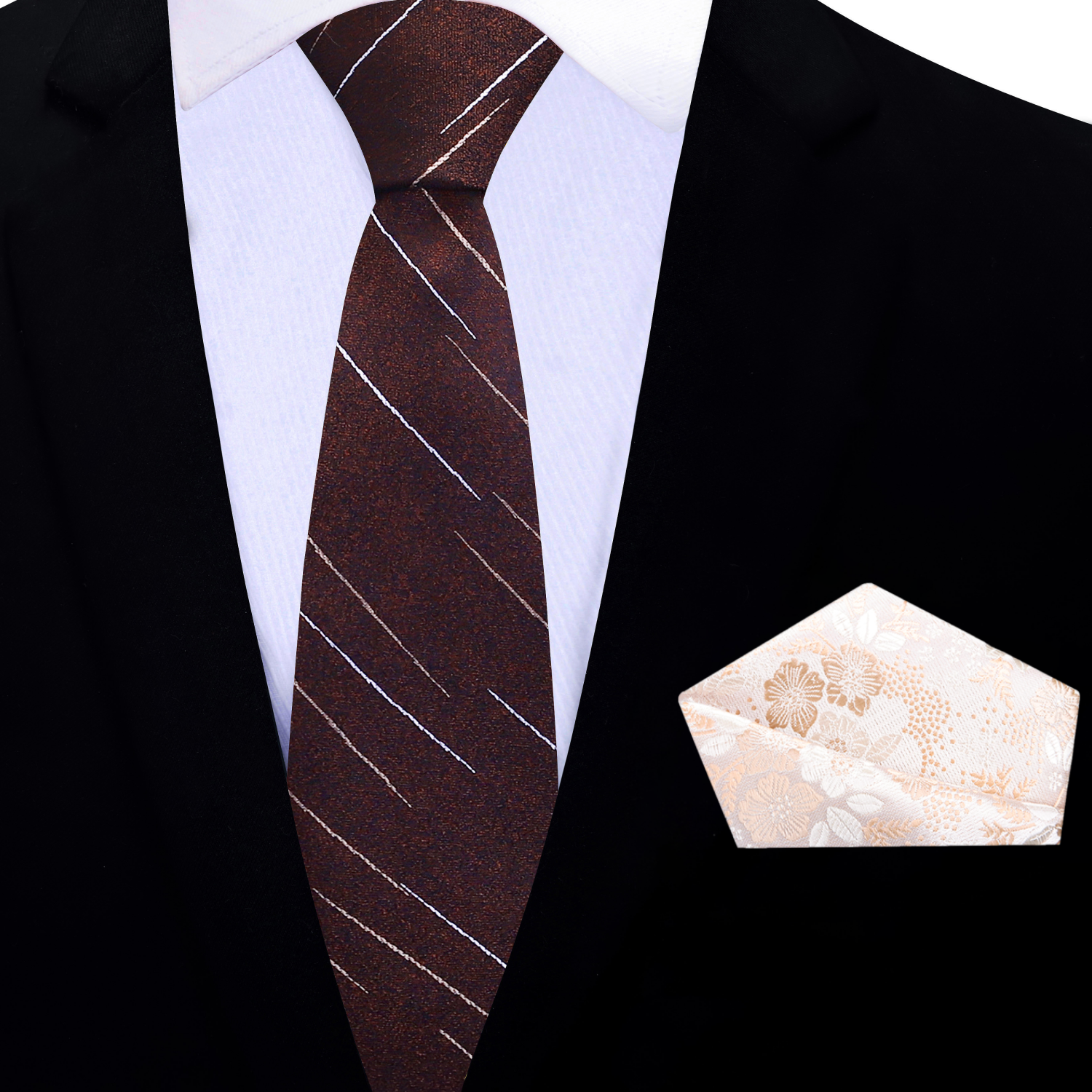 thin Brown lined necktie and accenting light brown floral square