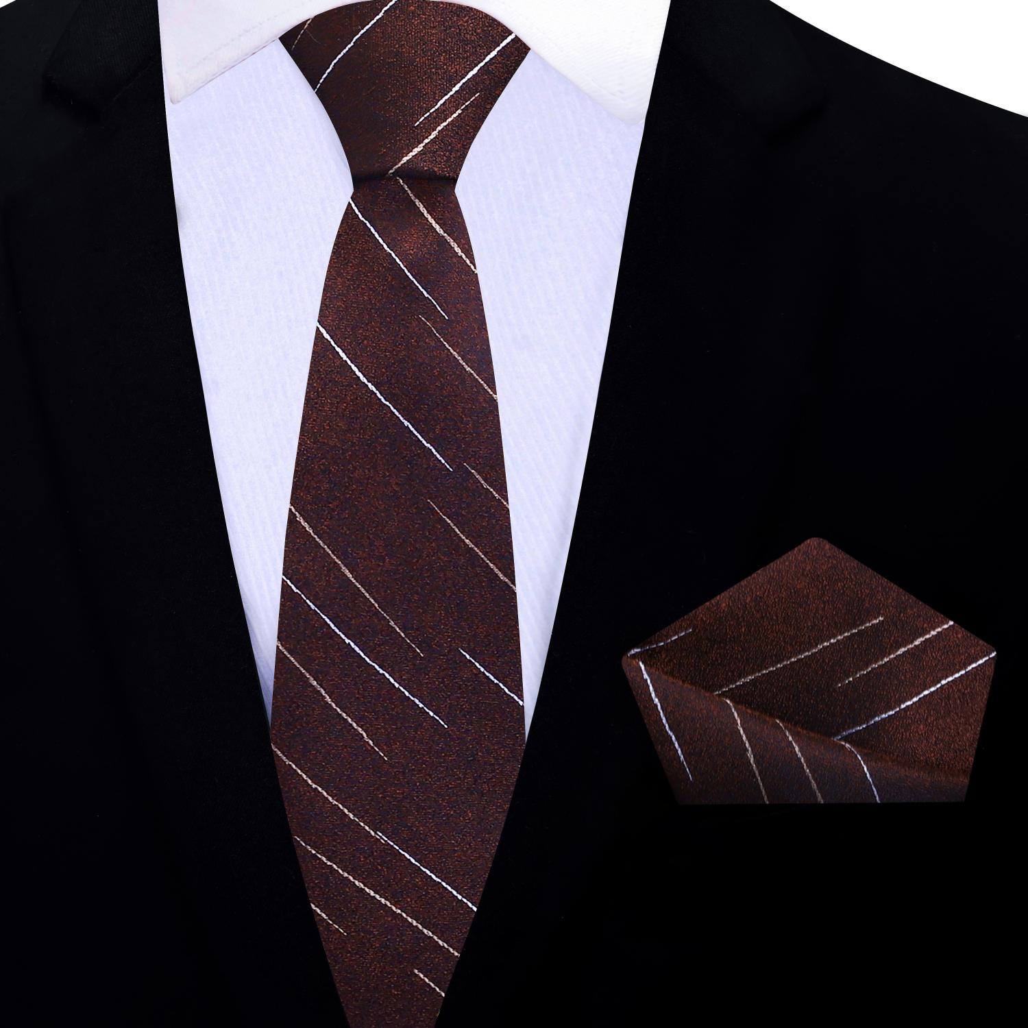 Thin Brown lined necktie and matching square