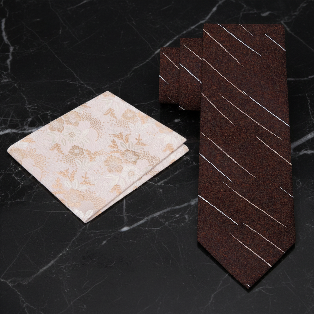 Alt Brown lined necktie and accenting light brown floral square