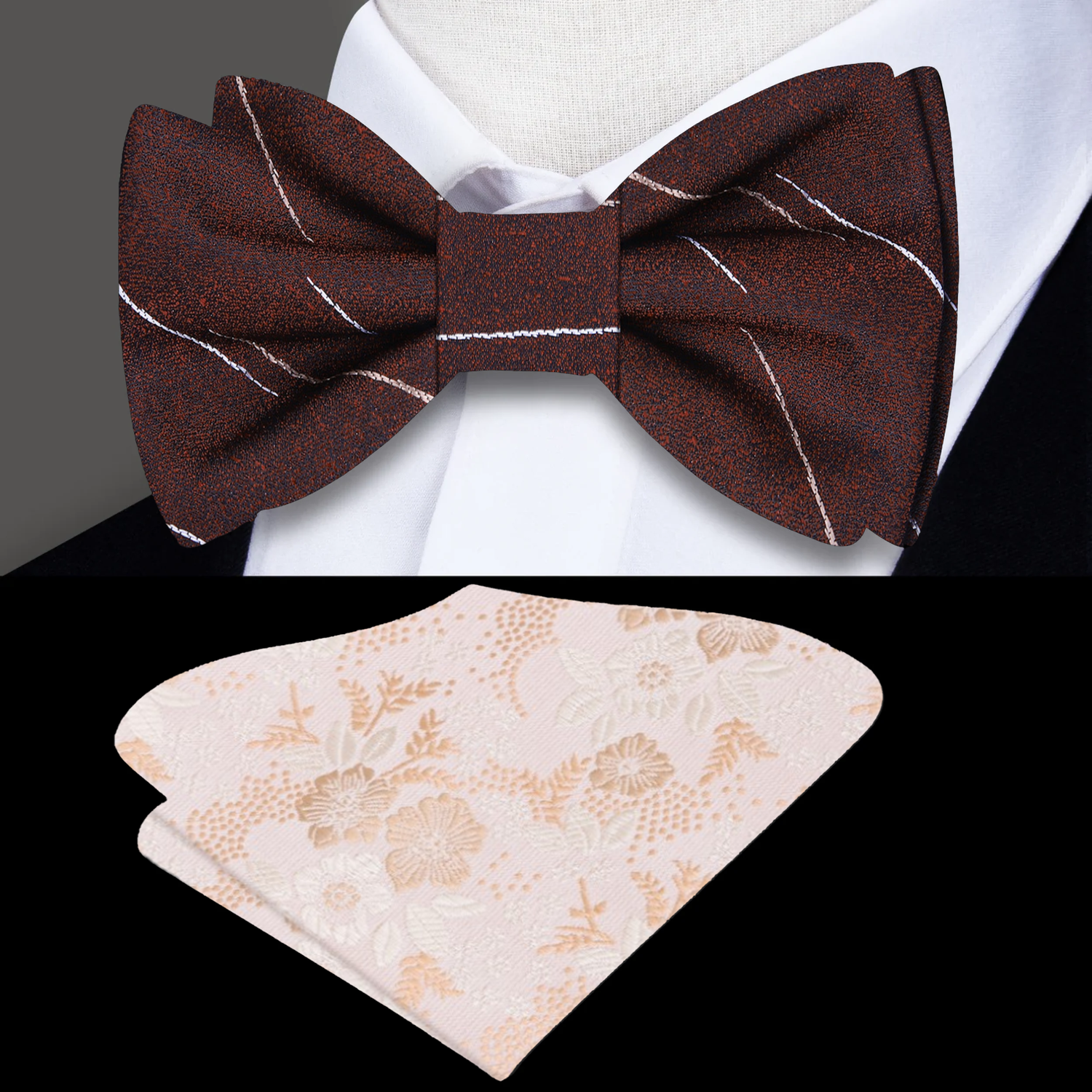 Brown bow tie and beige floral pocket square on a mannequin with a white shirt.