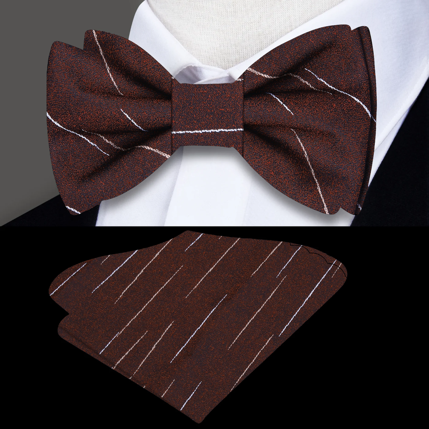 Brown pinstripe bow tie and pocket square set on a mannequin with a white shirt.