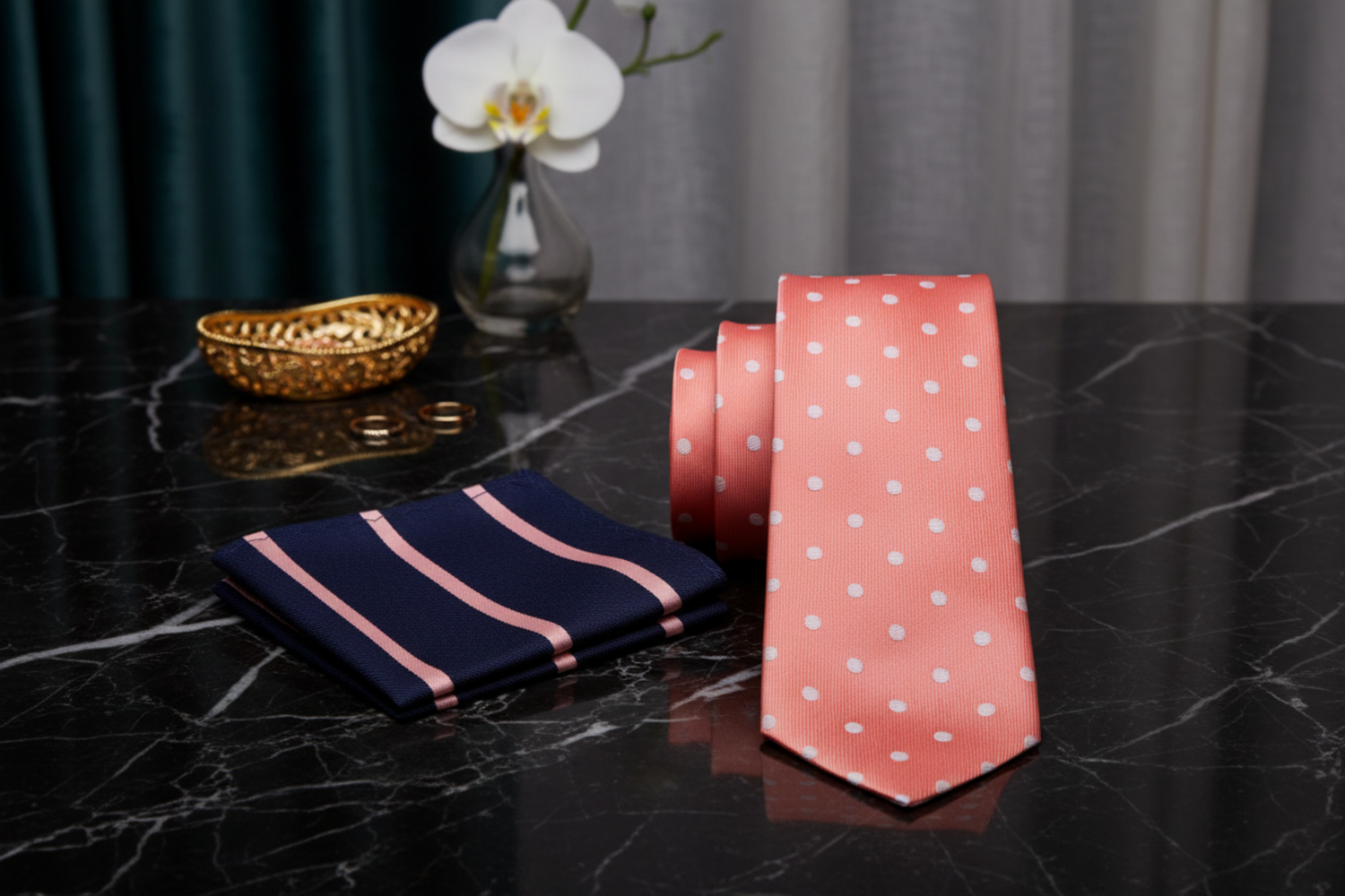 Alt View: Salmon with White Dots Necktie and Accenting Blue, Salmon Stripe Square