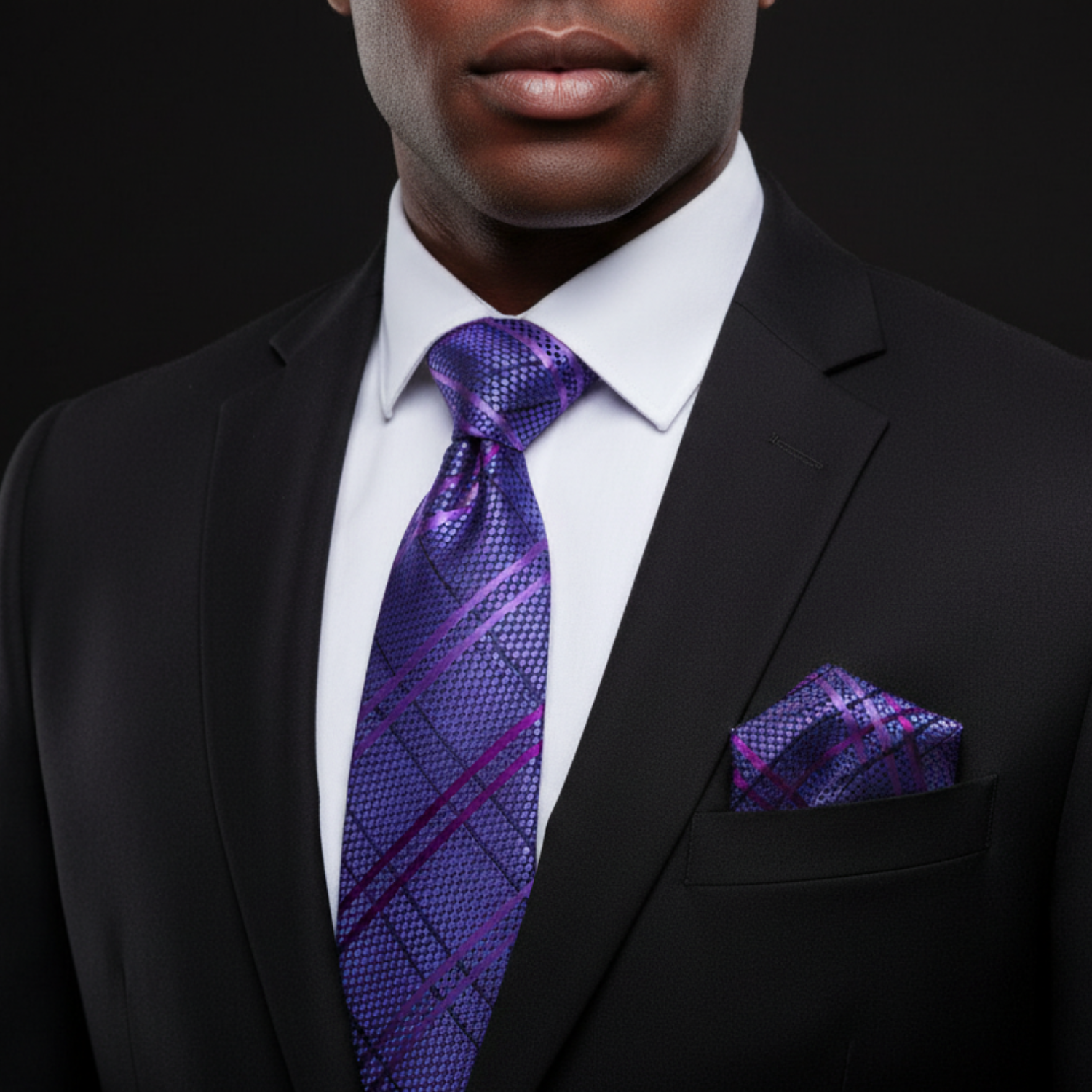 Man wearing a black suit with a purple tie and pocket square on a black background