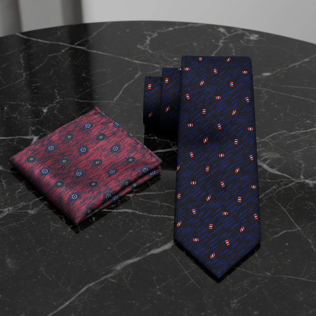 Alt View: Black, Dark Indigo, Red, Abstract Tie and Accenting Red Geometric Square