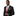 Man wearing a black suit with a red patterned tie and pocket square on a white background