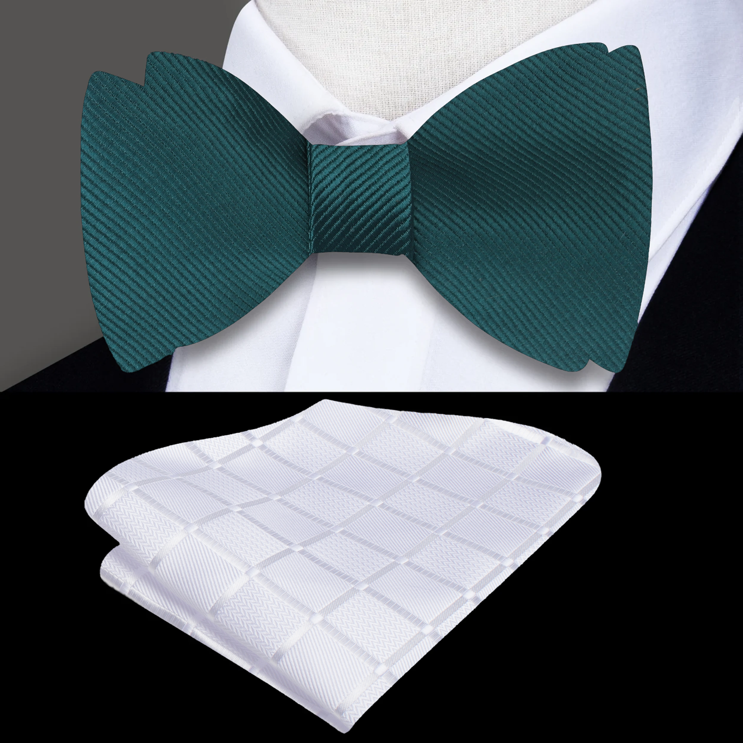 Dark Green Self Tie Bow tie and White Square