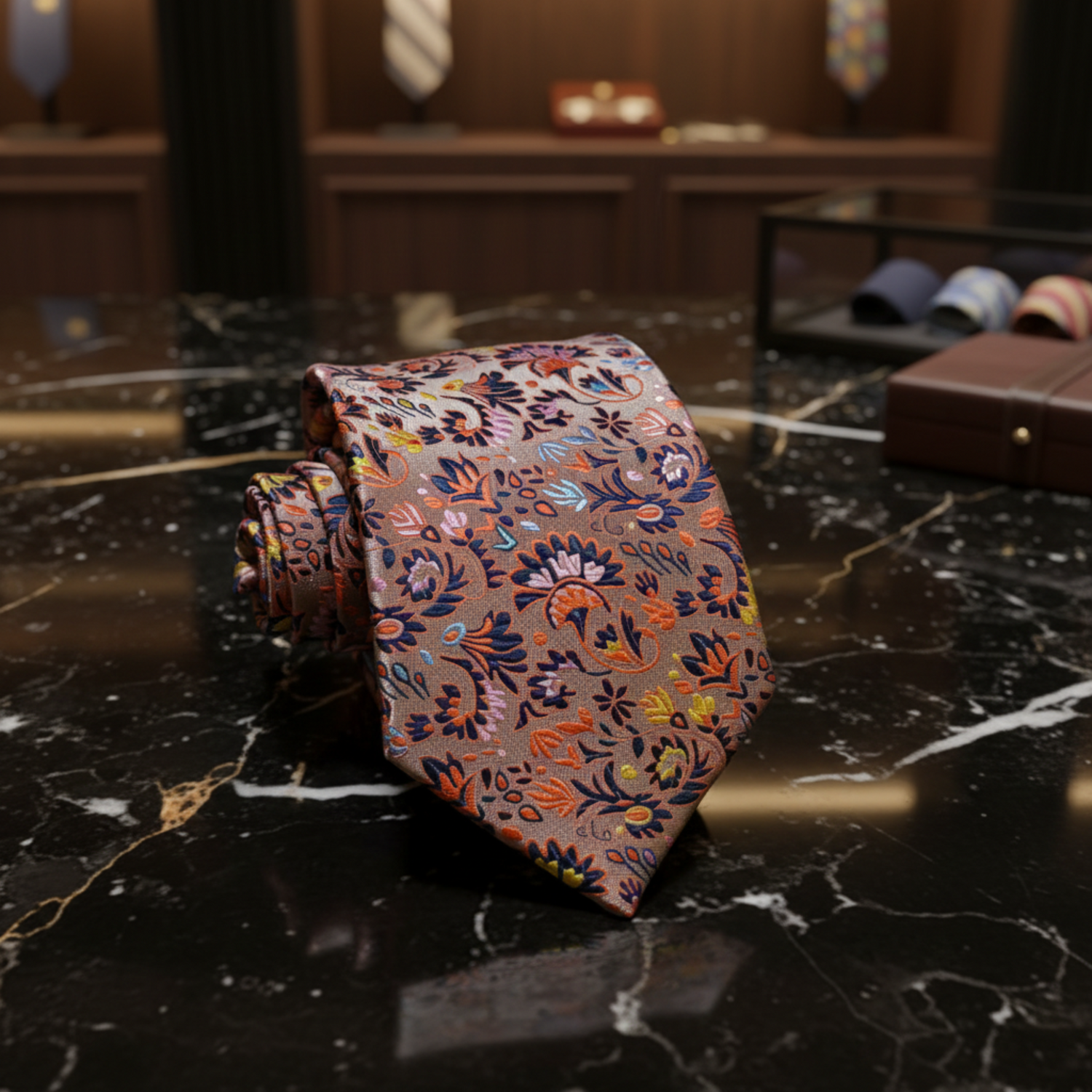 Light Peachy Orange with Multicolor Floral Pattern necktie