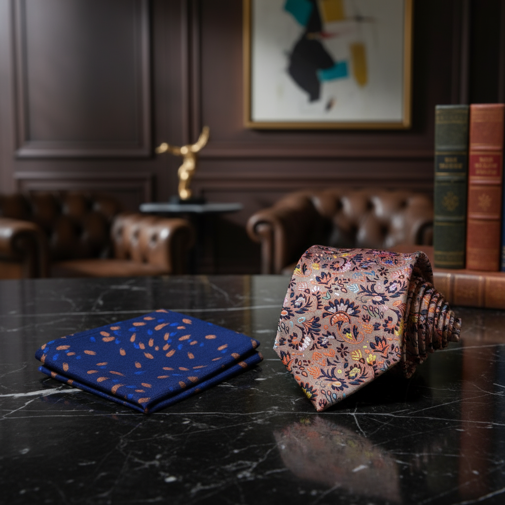 Light Peachy Orange with Multicolor Floral Pattern necktie and Blue brown Square