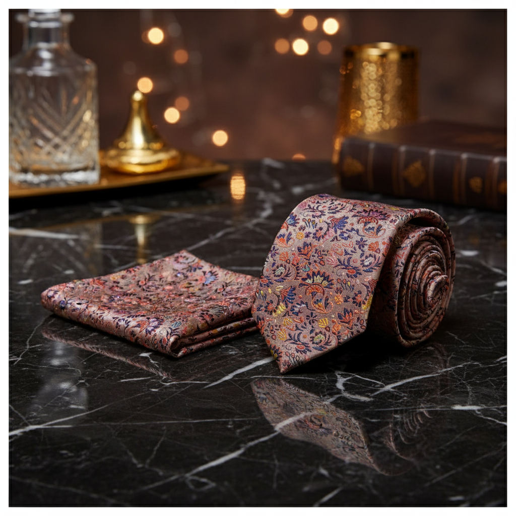 Light Peachy Orange with Multicolor Floral Pattern necktie and matching square
