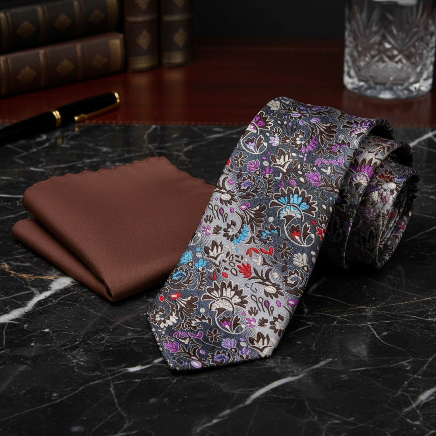 Floral-patterned tie and brown pocket square on a dark marble surface with books and a glass in the background.