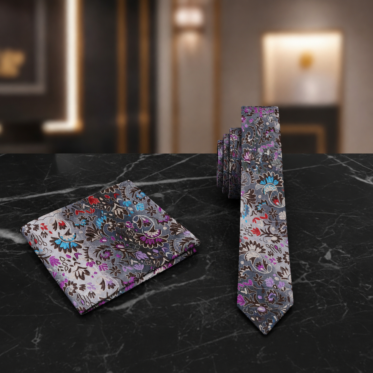 A men's necktie and matching pocket square set with an intricate multicolor paisley pattern, displayed on a black marble surface with a blurred luxury interior background.