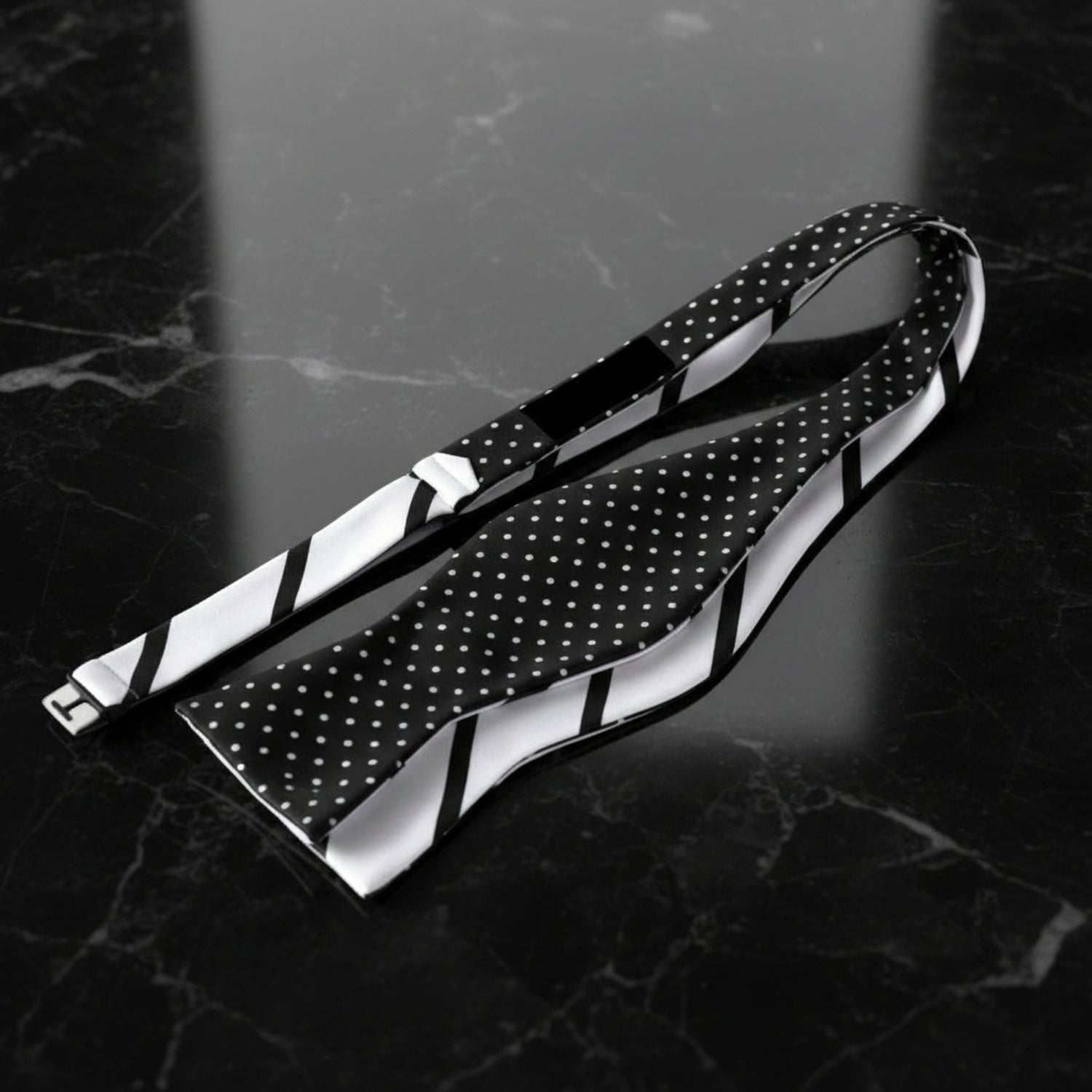 White and  Black Dot and Stripe Self Tie Bow Tie