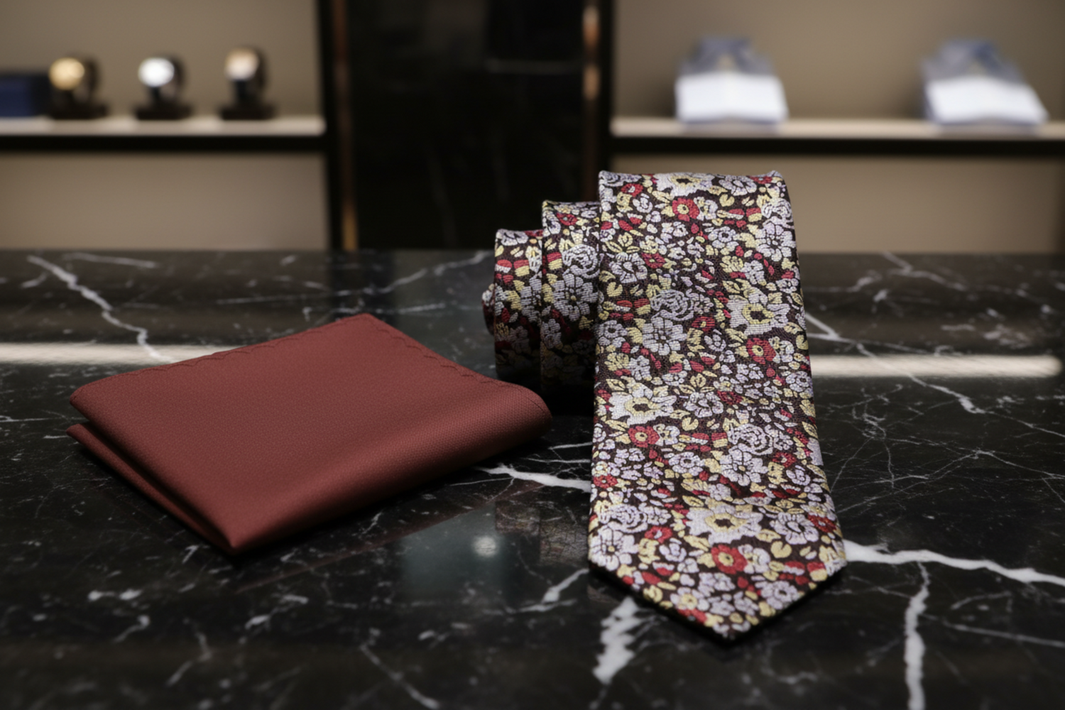 Alt View: Brown, Grey, Light Gold Small Flowers Necktie and Brown Square
