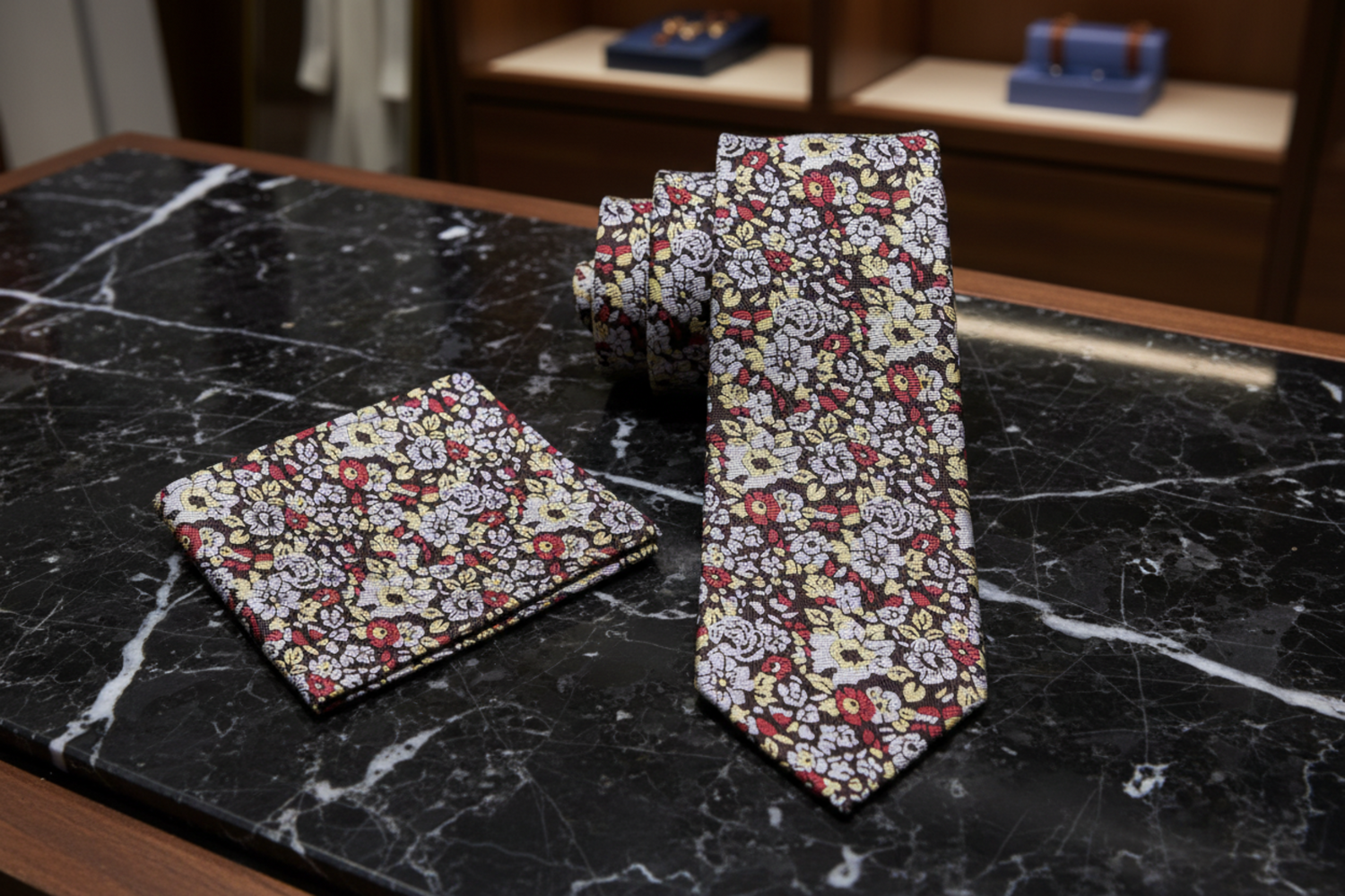 Alt View: Brown, Grey, Light Gold Small Flowers Necktie and Square