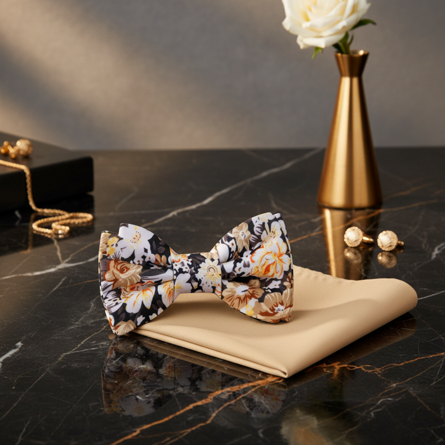 Shades of Brown Floral Bow Tie and Light Brown Matching Pocket Square