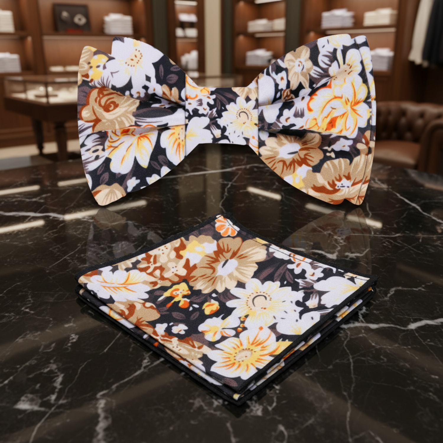 Shades of Brown Floral Bow Tie and Matching Pocket Square