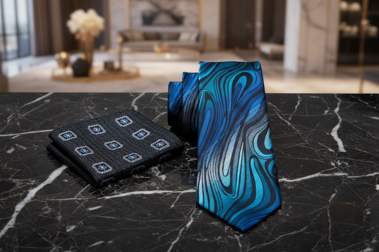 View 2: Shades of Blue and Grey Abstract Fire Necktie and Charcoal with Blue Medallion Square