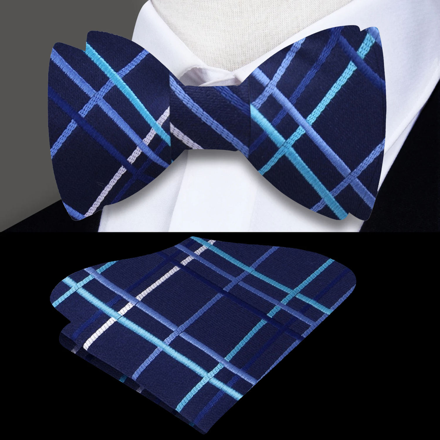 Shades of Blue Bobcat Plaid Bow Tie and Square