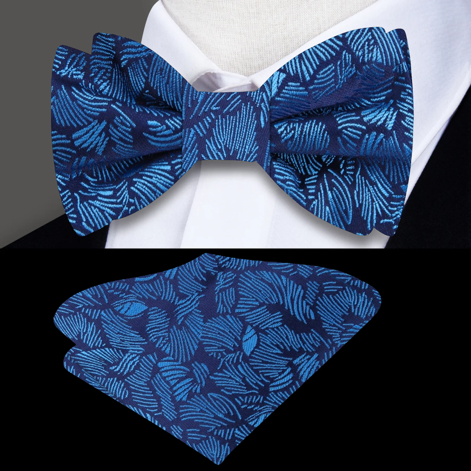 Dark Blue, Blue Sketched Palm Leaves Bow Tie and Matching Square