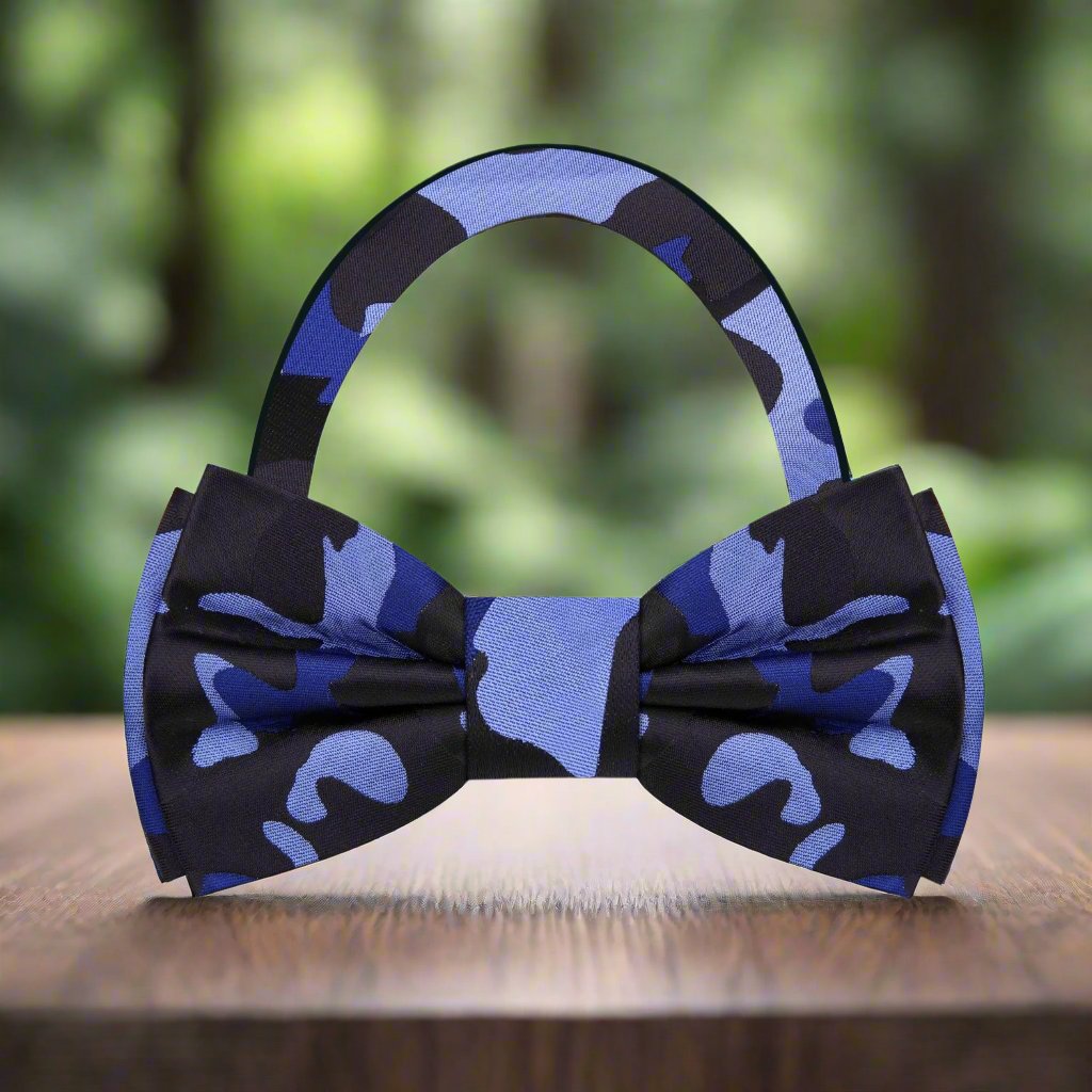 A Blue, Light Blue, Black Color Fleck Camouflage Pattern Bow Tie Pre Tied