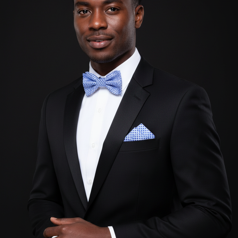 Man wearing a black suit with a blue bow tie and pocket square on a black background