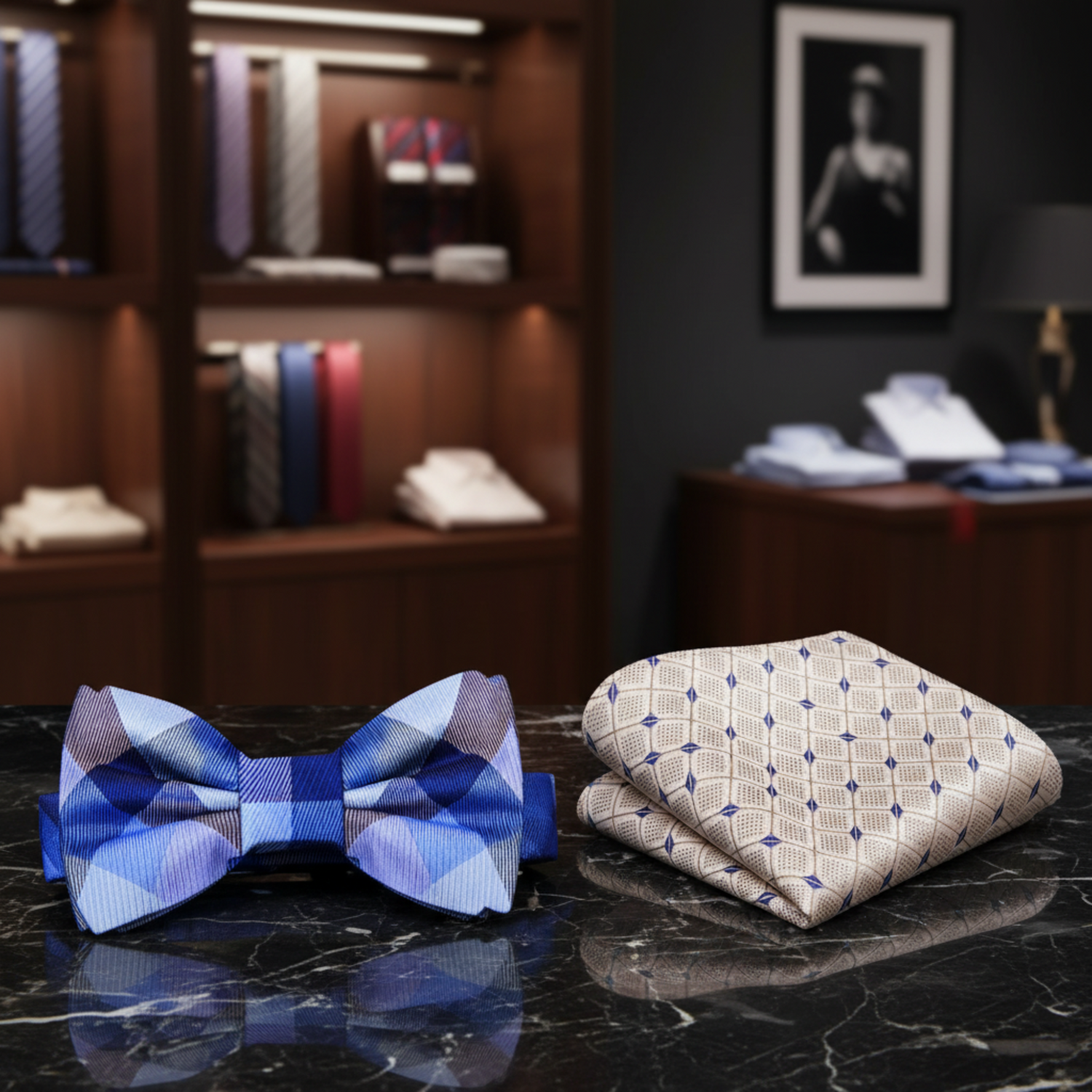 A Dark Blue, Blue and Purple Check Pattern Bow Tie, Accenting Pocket Square