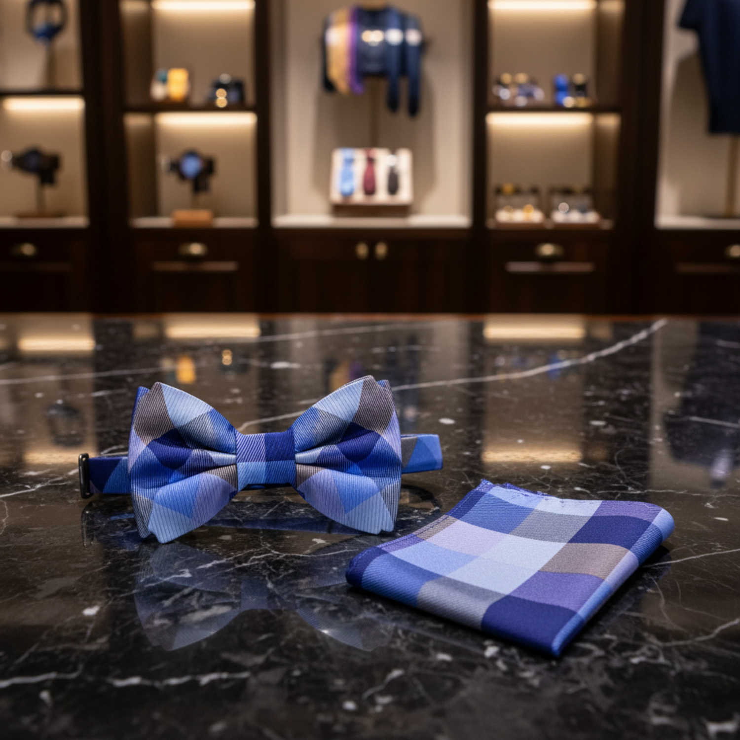 A Dark Blue, Blue and Purple Check Pattern Bow Tie, Matching Pocket Square