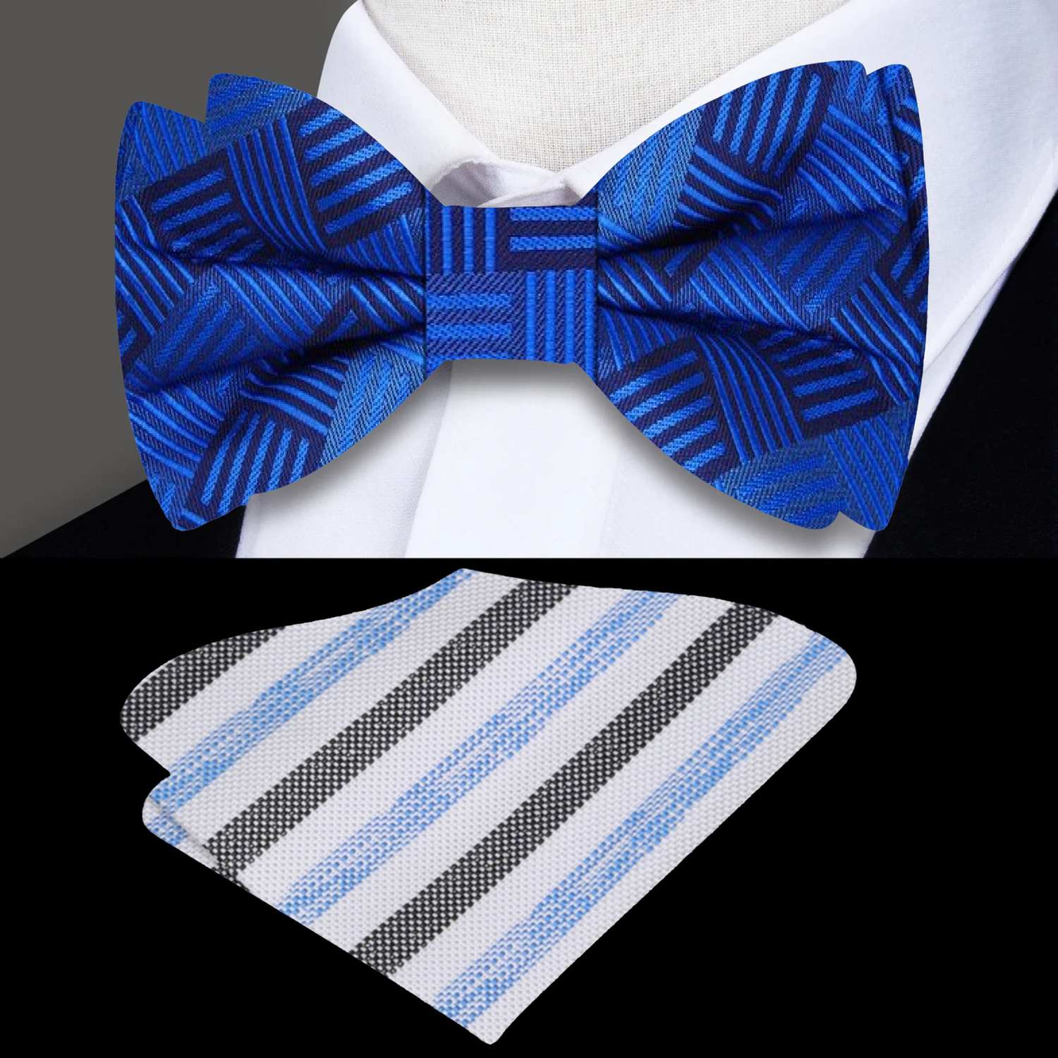 Blue Geometric Bow Tie and Accenting White, Blue, Black Stripe Pocket Square