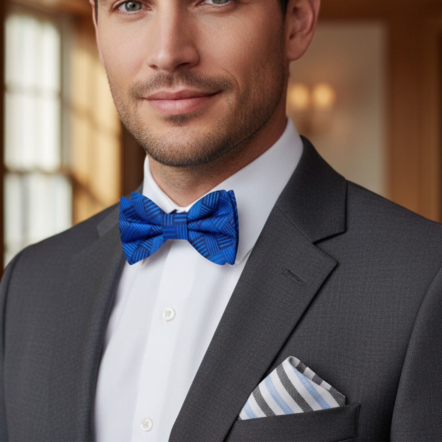 Man wearing a gray suit with a blue bow tie and striped pocket square.