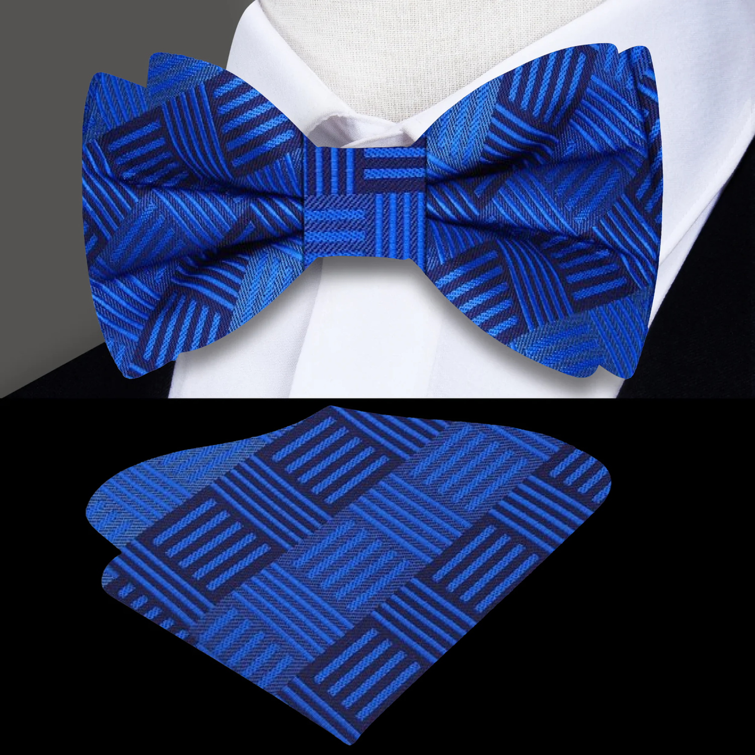 Blue Geometric Bow Tie and Pocket Square